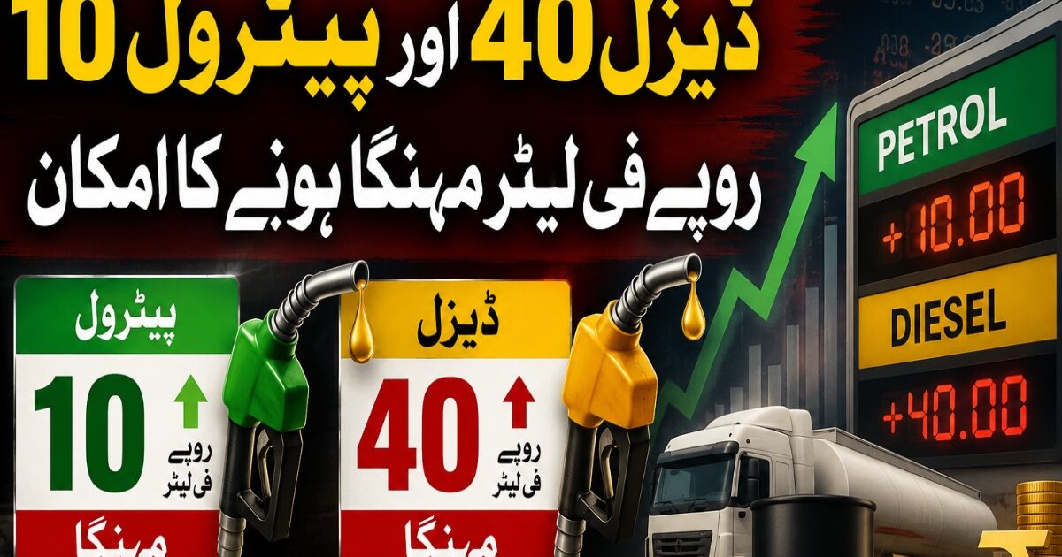 ڈیزل 40 اور پیٹرول 10 روپے فی لیٹر مہنگا ہونے کا امکان